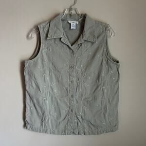 Jones New York Sport Taupe Floral Embroidered Button Up Sleeveless Shirt Size 10